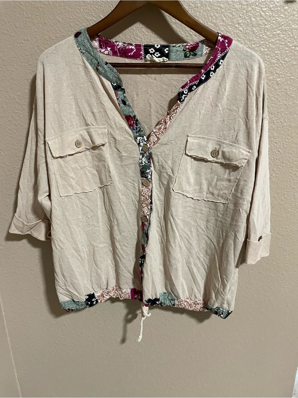 Easel Light Cream Boho Button-Front Women's Top with Patch Trim